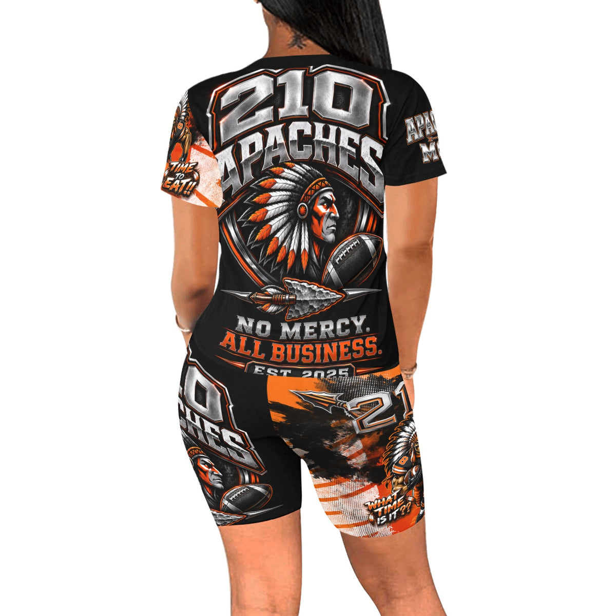 Back view of custom 210 Apaches women's shirt and biker shorts set