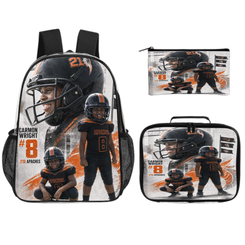 Custom football backpack, lunch bag, and pencil pouch set