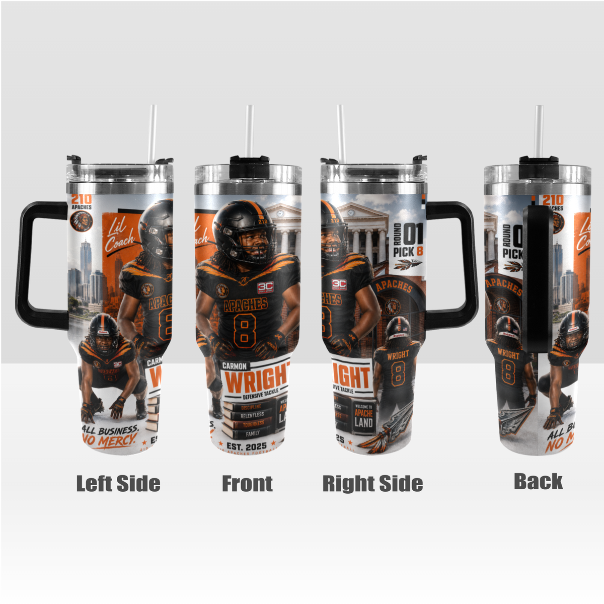 Custom football tumbler shown from all sides