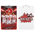 JR Rockets custom football clipboard with player design on front and Fabian logo on back