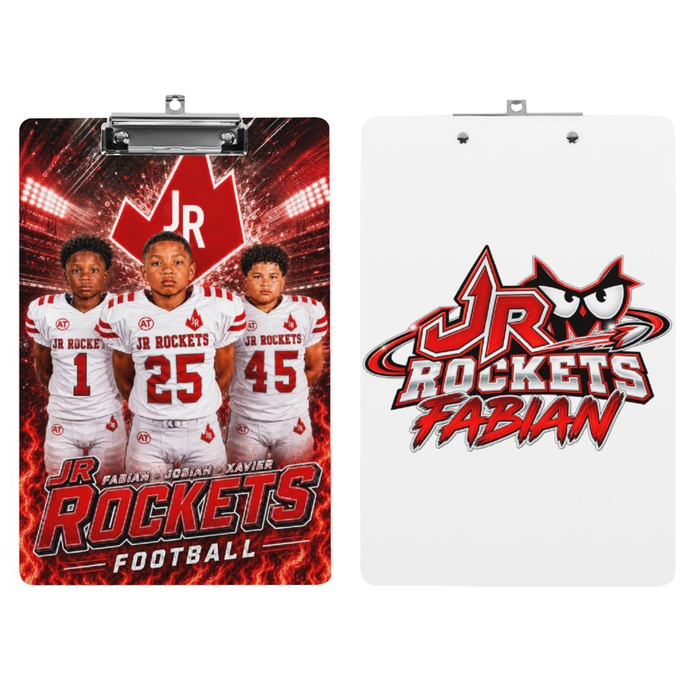 JR Rockets custom football clipboard with player design on front and Fabian logo on back