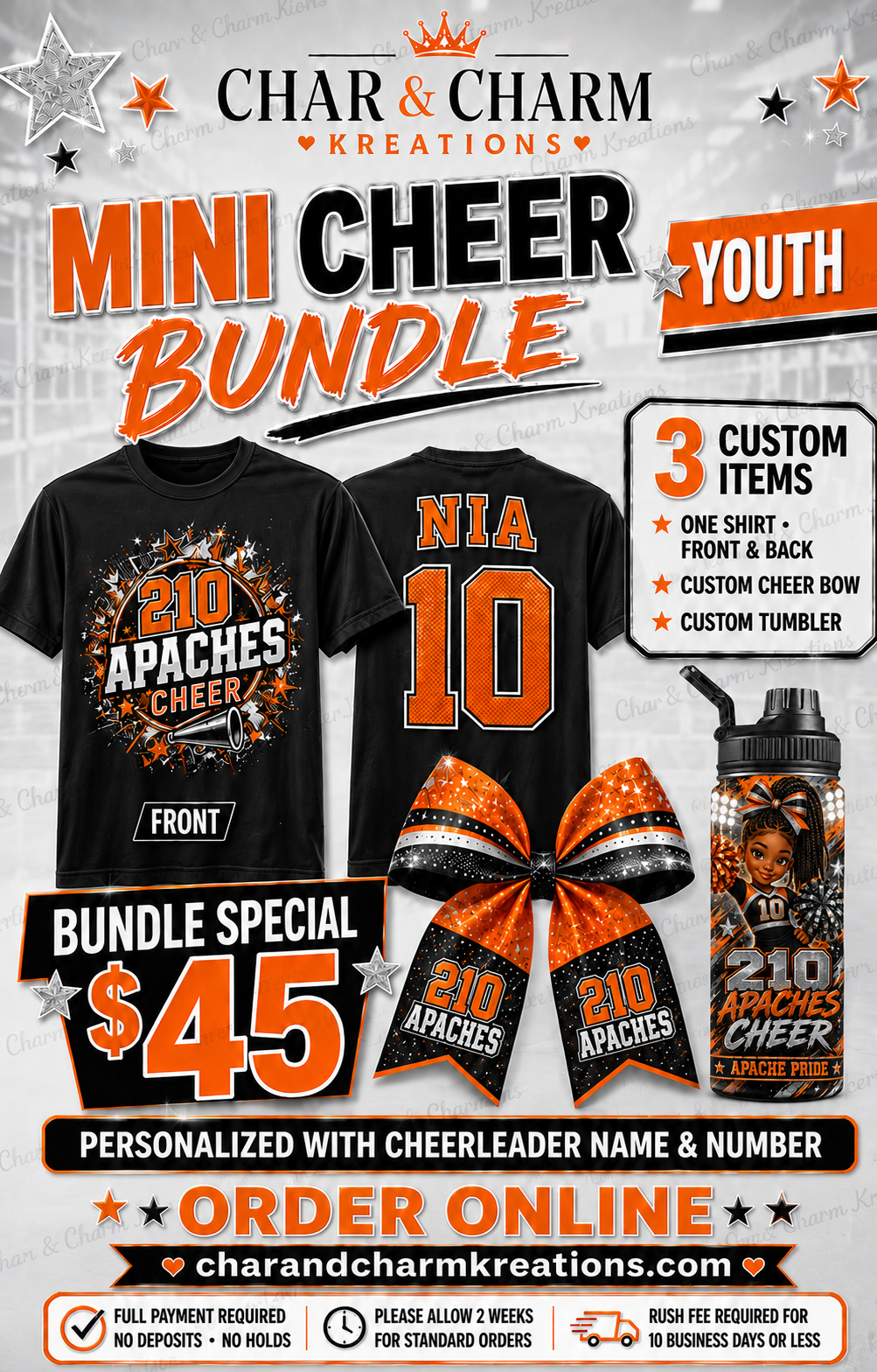 Mini Cheer Youth Bundle - shirt, custom cheer bow and tumbler