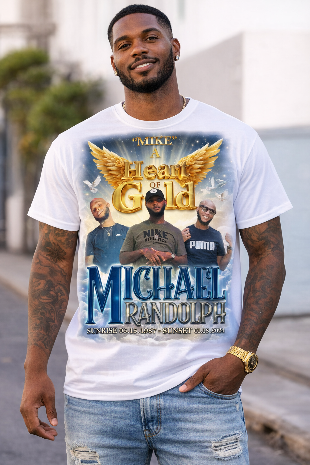 Custom partial 3D memorial shirt with gold angel wing photo collage design