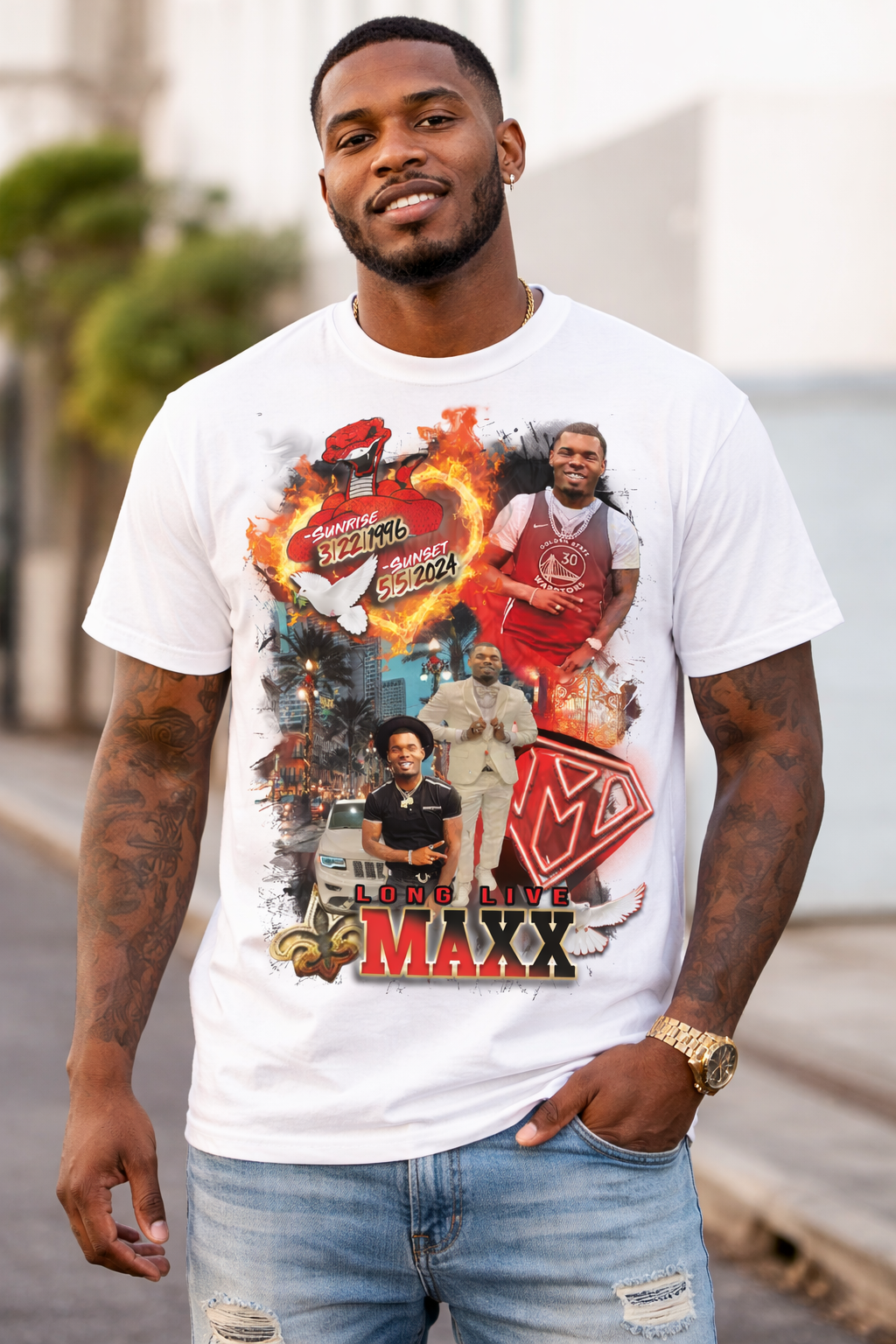 Custom partial 3D memorial shirt with red photo collage design